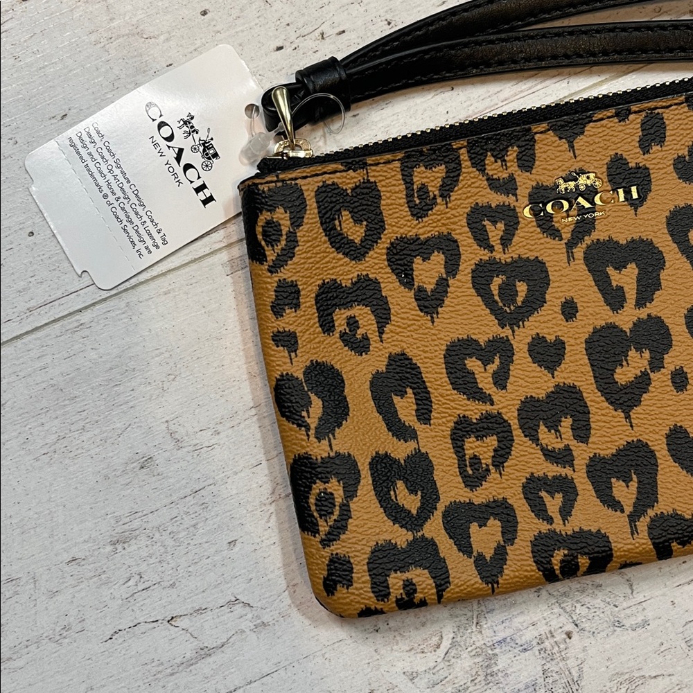Coach Heart Animal Print Wristlet in Brown and Black - Picture 2 of 7